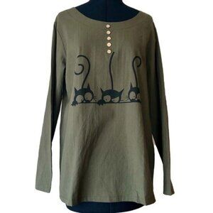 100% Cotton Cat Tunic Olive Green Sz.M